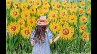 A Girl in Sunflower Field with Colored Pencils Step by Step for Beginners | Scenery Drawing