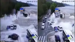 Tidal waves sweeps away vehicles as river water swallows road in China | Video