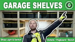 DIY GARAGE STORAGE SHELVES |  Workbench • Pegboard • Outlets • Shop Light • Light Switch | DIY•BRY