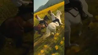 Horseback riding through a field of sunflowers into sunset.