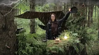 SOLO Bushcraft Trip in Rain and Thunder - Building a Kitchen 🍽️ ASMR