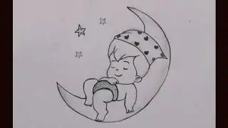 Dreaming Baby boy sleeping on Moon // Pencil sketch.