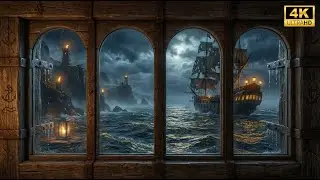 4K Projector Window View: Stormy Pirate Night - Relaxing Rain Sounds for Study &  Sleep.
