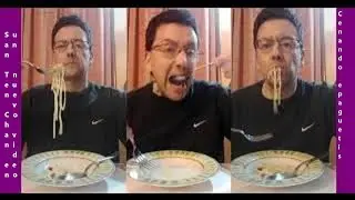 Having dinner spaghetti with almonds, drinking soy juice and fruit and eating chocolate