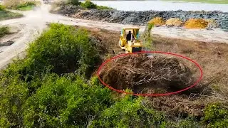 Forestry Moving Bulldozer Widening Land Fill Up Dumper Truck Close To Pond Site