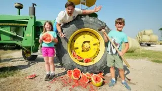 Kids Playing on Farm with Real Tractors and Toys
