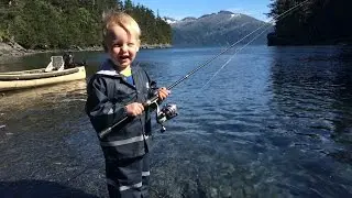CUTE & FUNNY! 2 yr old fishing and catching salmon - extended cut