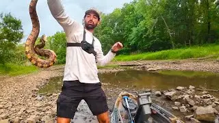 BITTEN By BIG DIAMONDBACK  Fishing a DRIED UP Creek!  CATCH, CLEAN, COOK Spicy Slabs and Catfish!