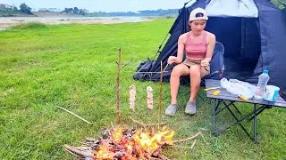 Wild camping | Girl solo camping by the river, relax in tent, grill skewers | Outdoor Cooking ASMR