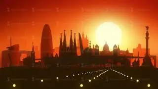 Barcelona Spain Airplane Landing Skyline Golden Background