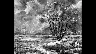 2 цвета. Рисуем губкой акриловый пейзаж.Как рисовать  Зимнее дерево. Two colour. Acrylic