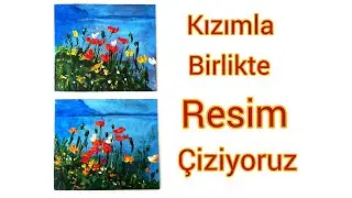 çiçek ve deniz manzarası nasil cizilir. basit resim cizimi. karton akrilik boya spatula fırça  🎨