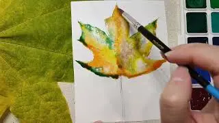 Drawing step by step an autumn picture, autumn leaf with watercolors, tutorial, relax video #shorts