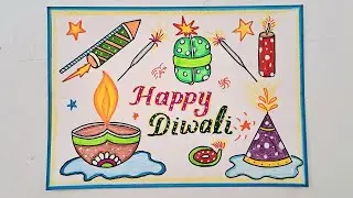 Diwali Drawing Easy//Happy Diwali Poster Drawing//Diwali Diya Drawing//Colorful Crackers Drawing