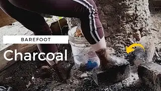 Barefoot cutting wood, mixing mud & making charcoal