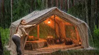 ⛈️ 35 Hours Solo Camping in a Huge Tent During a Thunderstorm | Wood Stove, Fishing & ASMR 🌧️