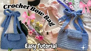 EASY Crochet 🎀Bow/Ribbon🎀 Bag Tutorial for Beginners #beginnercrocheter #crochetpattern #stepbystep