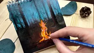 Как нарисовать ночной костер среди деревьев | Рисование акрилом