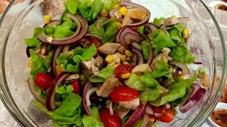Delicious salad of vegetables and smoked chicken