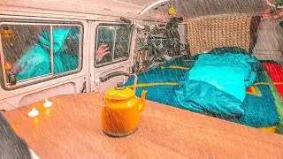 Van Camping in Rain - Sleeping in a Cold Night
