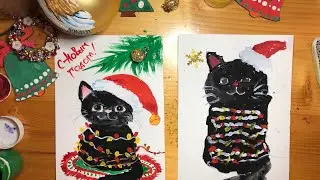 Новогодняя открытка. Кот в фонариках. Новогодний кот. Рисуем с детьми