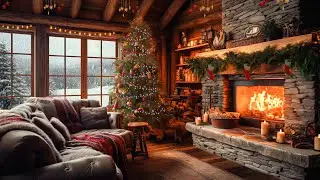 HD Christmas Tree Log Cabin Ambience -  Fire crackling sound -  Cosy living room Snow falling