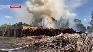 Штабеля леса горят на производстве пиломатериалов в Невеле