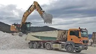 CAT 336E Excavator Loads Crushed Marble into Heavy Duty MAN Truck in Quarry