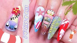 I painted Stitch’s Hawaiian adventure on my nails!🌺 Full OHANA nail art set💙