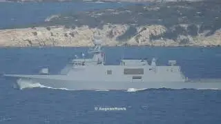 Turkish Navy Ada class corvette F 512 TCG Buyukada northbound Chios Strait in east Aegean Sea.