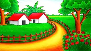 How to draw village scenery step by step very easy-landscape drawings easy real village scenery