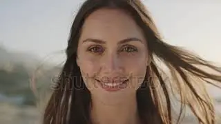 close up portrait of attractive woman smiling brunette confident pretty