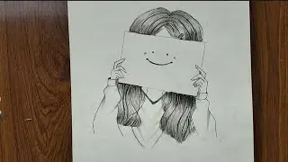 A girl hides her emotions with a smiley face emoji - Pencil Sketch || How to draw - step by step