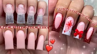TRYING DUCK NAILS FOR THE FIRST TIME! | RED WINTER DUCK NAILS❤️ BEGINNER FRIENDLY NAIL ART