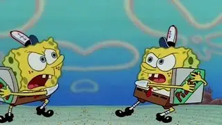 Spongebob trying to get pizza from spongebob