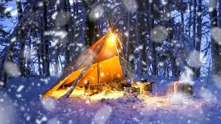 Camping In Snow Storm With Bushcraft Tarp Shelter