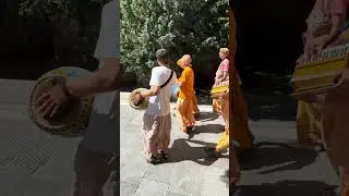 Harinam in Barcelona. Local children enjoying chanting Hare Krishna Mahamantra