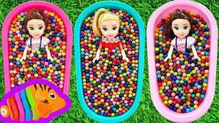 4 Minutes Satisfying with Full of 3 Rainbow Bathtubs Candy with M&M's & Dolls ASMR