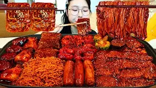 ASMR MUKBANG| 직접 만든 짜장 불닭 버섯 불닭볶음면 소세지 먹방 & 레시피 BLACK BEAN MUSHROOMS AND FIRE NOODLES EATING