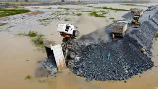 Bulldozer SHANTUI Push Stone into Deep Lake Build New Road!! Dump Trucks 25T Unloading Stone
