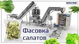 Фасовка листьев салата в пакет-подушку на фасовочной машине Питпак М