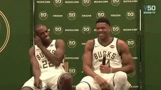 Giannis Antetokounmpo makes a joke at the Bucks Media Day 2017