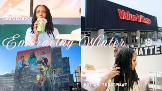 learning to embrace winter | thrifting, cafe, reading, oil treatment on locs
