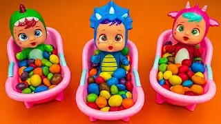 Satisfying Video | Colorful Dolls and Mix M&M's Candy in Magic 3 Bathtubs & Ice Cream Cutting ASMR