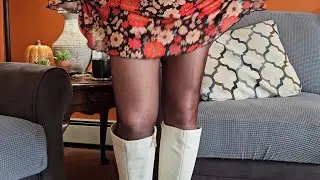 Chocolate Brown Gloss Pantyhose White Calf Boots and a Workwear Fashion Dress Review