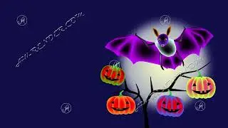 Animation of a flying bat and multi colored cheerful swinging pumpkins against the background of the