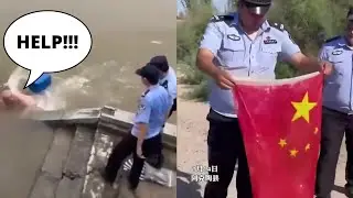 Chinese police saving people vs the flag