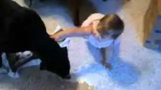 Baby girl fights dog for spilled Milk