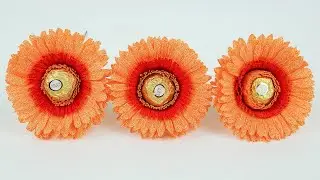 Gerbera with your own hands. Flowers made of candy and crepe paper.
