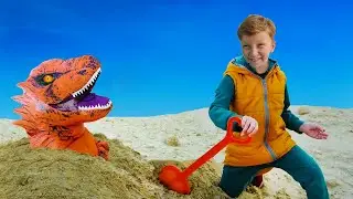 Sleepy Dad and Leo playing on the tractor was awakened by a dinosaur in a big sandbox